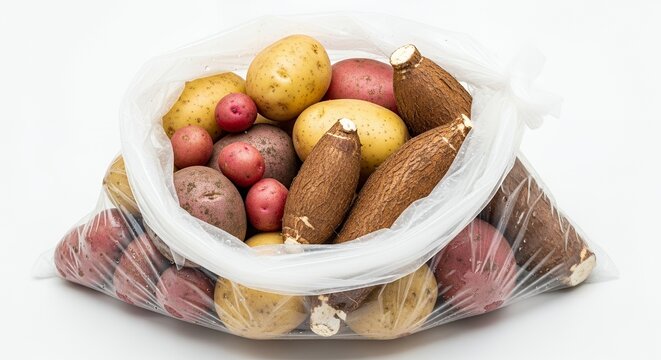 Assorted potatoes and yuca in a clear plastic bag on a white background