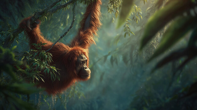 Bornean orangutans swing through the trees in the Kalimantan rainforest.