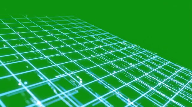 Animated Digital Technology Grid with Glowing Lines and Data Flow on Green Screen Background