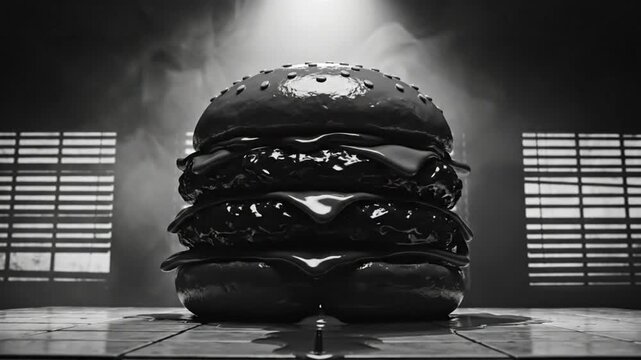 Dramatic black and white close-up of a double cheeseburger with dripping sauce, illuminated by a spotlight.