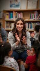 Fototapeta premium Smiling woman applauding with children in a library