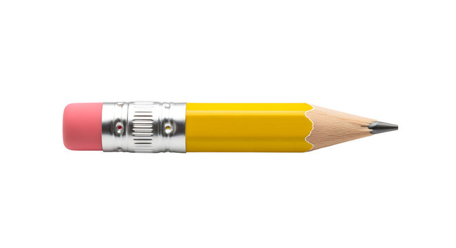 A small, stubby yellow pencil with a large eraser, isolated on white.