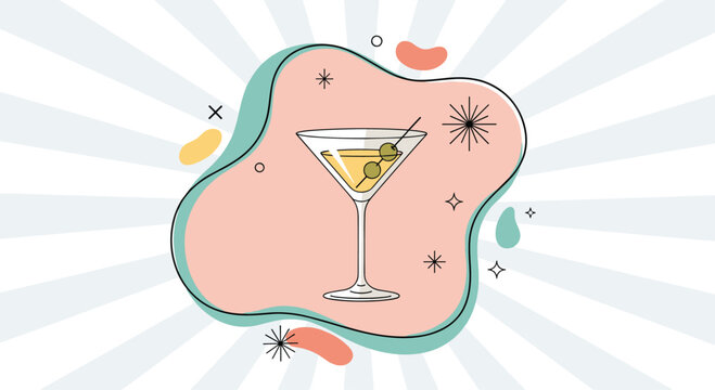 Stylized illustration of a classic martini glass with two olives on a toothpick against a retro sunburst background.