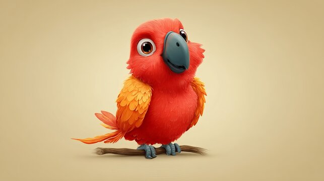 A vibrant red parrot with orange wings perches on a branch against a beige background