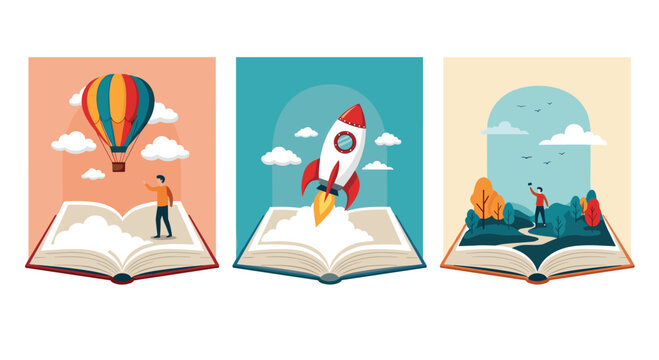 Set of three illustrations where stories come to life from open books featuring a hot air balloon, rocket, and park.