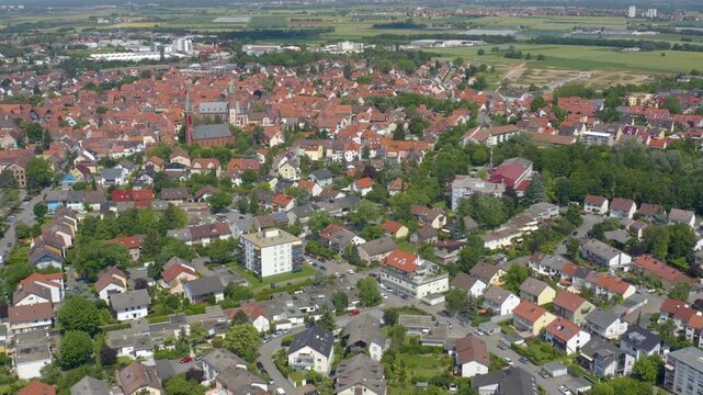 Aerial wide view around the old town of the city Ladenburg in south Germany beside Mannheim  on a sunny summer day
