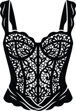 Black Corset With Intricate Lace Overlay And Straps Isolated On White Background