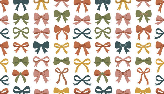 A seamless pattern of flat illustrated bows in muted earthy tones of rust orange sage green dusty rose