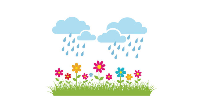 Gentle spring rain falling from blue clouds onto a vibrant garden of colorful flowers growing in green grass on a clean white background.