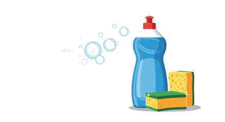 Fototapeta premium Blue bottle of dishwashing liquid with soapy bubbles and two cleaning sponges in yellow and green in a clean flat style vector illustration.