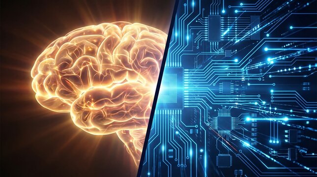 Brain vs. Circuitry: An artistic blend of the human mind and digital infrastructure. Showing the parallel evolution of intellect and technology.