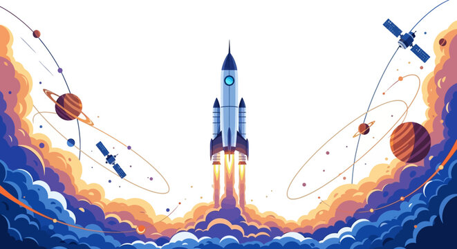 Illustration of a rocket launching into outer space with planets and satellites on a colorful, vibrant background celebrating the International Day of Human Space Flight.