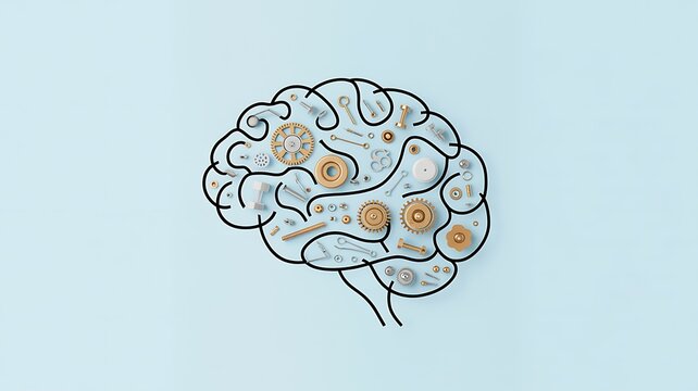 An artistic illustration of a brain with various circular patterns on a light blue background