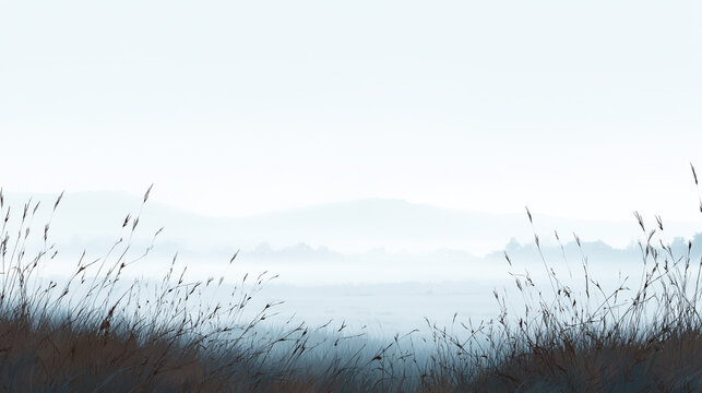 霧に包まれた幻想的な湿原と遠くの山影
