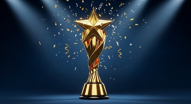 Golden star trophy with confetti