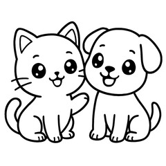 Obraz premium Kawaii Cat and Dog Line Art for Coloring Book, Cute Cartoon Animal Friends