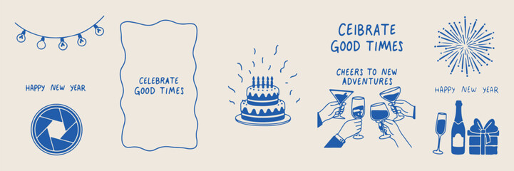 Birthday party celebration doodles, hand drawn cake and candles, whimsical festive event icons, party planning sticker set, anniversary balloons and gifts, happy birthday greeting sketches, celebrator © Geetaroy