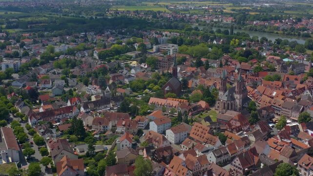 Aerial wide view around the old town of the city Ladenburg in south Germany beside Mannheim  on a sunny summer day