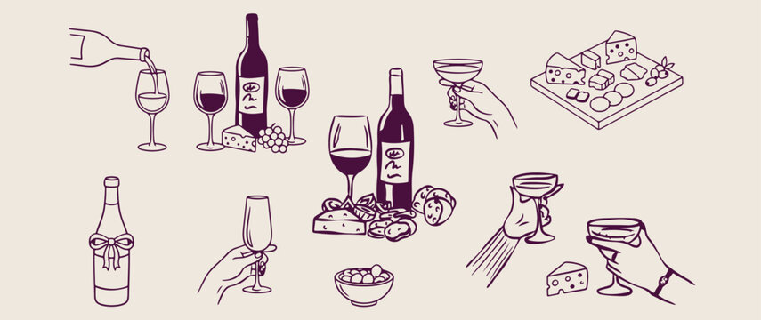 Fine wine tasting doodles, hand drawn sommelier sketches, luxury winery tour icons, romantic dinner drink elements, whimsical bar menu clip art, vineyard harvest sticker set, celebratory wine line art