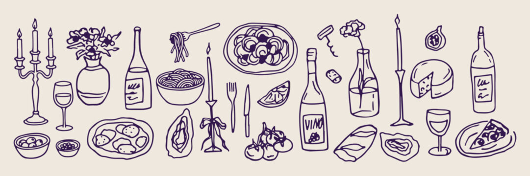 Italian pasta dinner doodles, hand drawn mediterranean food sketches, luxury restaurant menu icons, cozy kitchen cooking elements, whimsical wine and pasta clip art, gourmet foodie sticker set, culina
