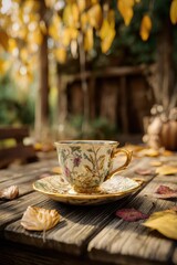 Fototapeta premium Spring Summer outdoor leisure relaxation activity. A still life photograph captures a serene outdoor setting during autumn. A vintage porcelain teacup and saucer.