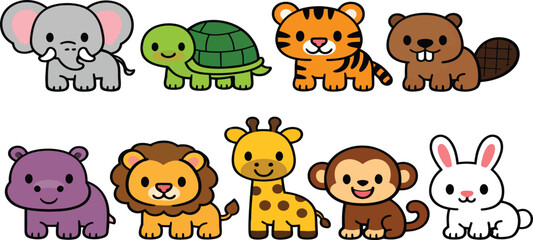 Fototapeta premium Cute vector animal icon set featuring cats, dogs, lions, bears, elephants and other animals in a simple black silhouette style collection