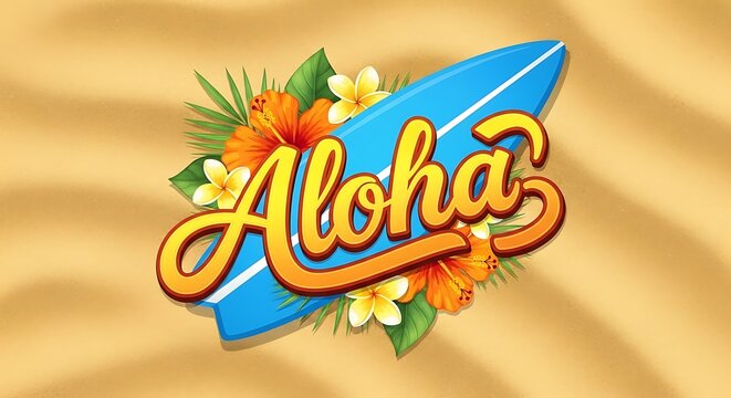 Aloha greeting sign with a blue surfboard and tropical hibiscus flowers resting on a sandy beach background for summer illustration