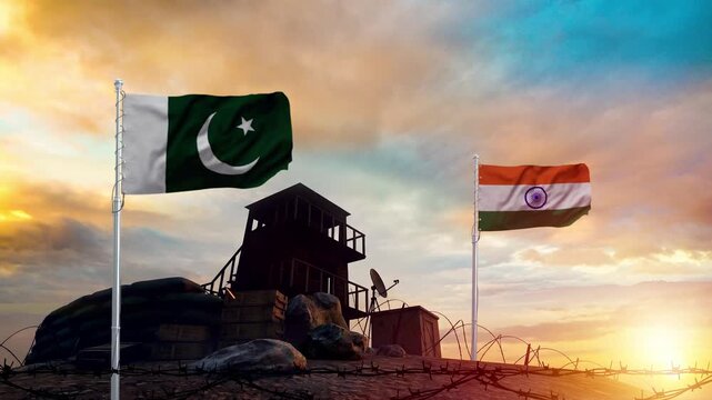 Pakistan and India national flags waving at the border military outpost