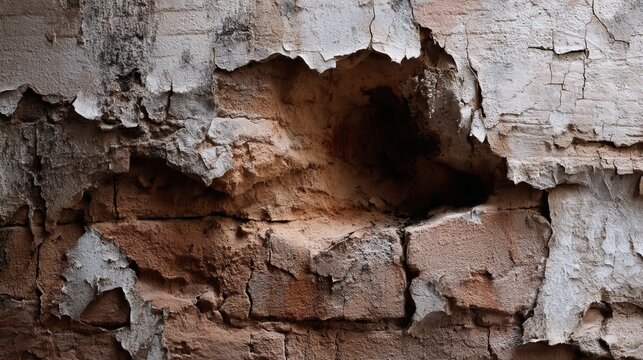 A close-up view of a damaged brick wall with a large hole