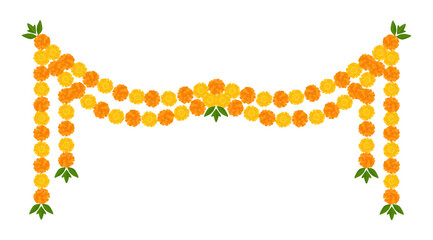Obraz premium Yellow Orange Marigold Flower Border, Indian Toran Garland. Zendu Flowers flowers isolated on background. Festive Floral Party Decoration. Diwali, Halloween Dia de los Muertos, Vector Illustration