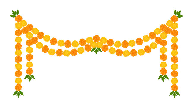 Yellow Orange Marigold Flower Border, Indian Toran Garland. Zendu Flowers flowers isolated on background. Festive Floral Party Decoration. Diwali, Halloween Dia de los Muertos, Vector Illustration