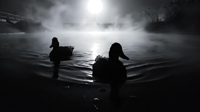 Mysterious monochrome silhouette of two ducks swimming in a foggy river at night with bright illumination