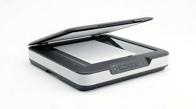 A flatbed scanner with its lid open, showing a piece of paper placed on the glass surface, ready for scanning.