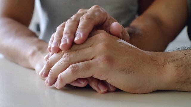 Close-up of two people's hands gently touching on a table connection support