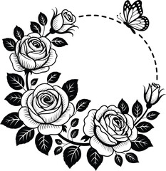 Rose butterfly wreath illustration, elegant circular floral design featuring roses and butterflies for romantic decorative frames wedding invitations and nature themed layouts. © Mr. Tasin
