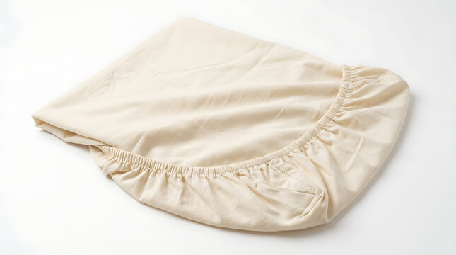 A neatly folded light-colored fitted bed sheet with elasticized edges on a clean white background, ready for use or storage.