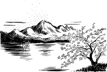 Naklejka premium Black and white of a serene mountain landscape with a blooming cherry blossom tree by a lake