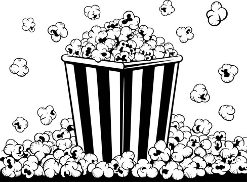 Black and white of a striped popcorn bucket overflowing with kernels and scattered popcorn pieces