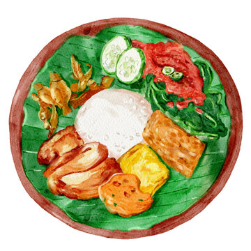 Watercolor illustration of Nasi Tempong, a traditional Indonesian spicy rice dish with vibrant colors and authentic presentation