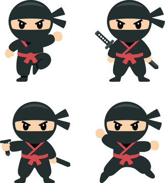 Four Cute Cartoon Ninjas In Different Poses With Swords And Shuriken 
