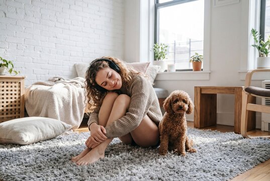 Young Woman in Headphones with Toy Poodle on Grey Rug in Bright Apartment
