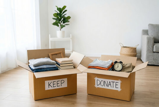 Decluttering home with donation and keep boxes, organizing and moving concept