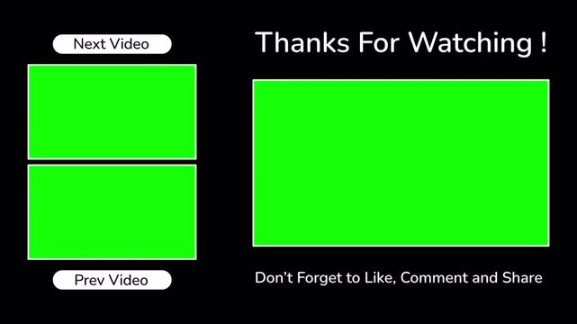 Animation End screen YouTube channel Templates. End screen template for youtube displaying green squares and text, suitable for customizing video endings with a professional look. Alpha channel.