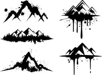 Obraz premium Black ink splatter mountain range and forest silhouette white background
