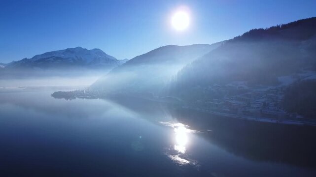 Aerial Zell am See Winter Alps and Frozen Lake Panorama