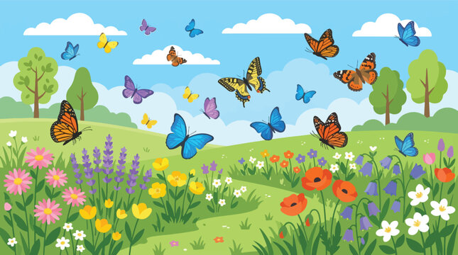 Lively vector illustration of a peaceful spring meadow teeming with colorful butterflies dancing gracefully over blooming wildflowers under a bright blue sky