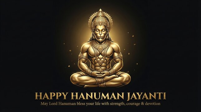 Golden hanuman statue meditating in lotus position on black background with text happy hanuman jayanti