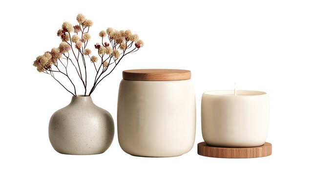 Minimalist home decor candle set isolated on white background