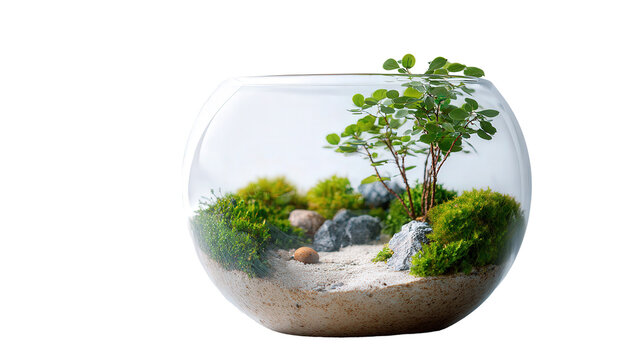 minimalist glass terrarium with small ecosystem isolated on white background