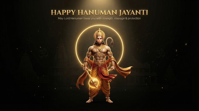 Hanuman jayanti celebration with powerful lord hanuman standing in golden light
